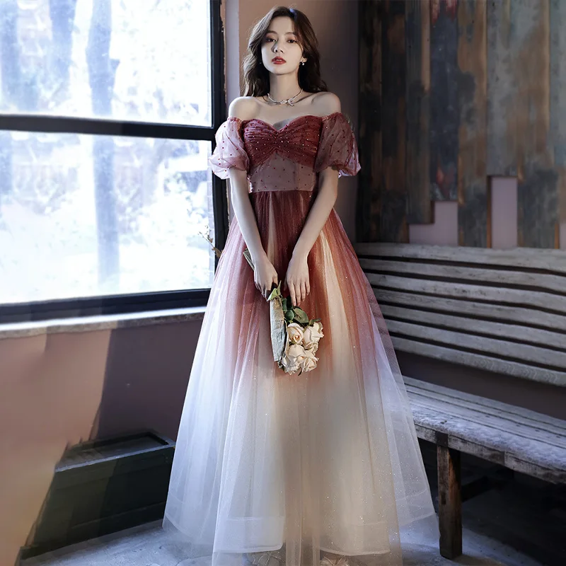 

It's Yiiya Evening Dress Burgundy Tulle Beads Bling Off the Shoulder A-line Floor-length Plus size Women Party Formal Gown A3035