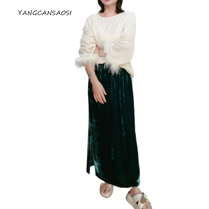 

Hepburn Style 30% Natural Mulberry Silk Velvet Slit Cut Women's Fashion Autumn/Winter Elastic High Waisted Straight Tube Skirt