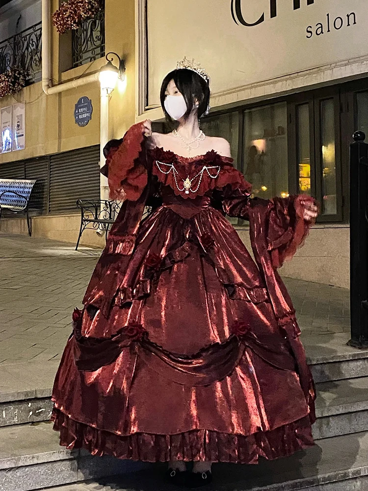 Short Sleeve Lolita Dress Fairy Long Dress Elegant  Heavy Industry Fluffy Princess Dress High Waist Red Vintage Dresses - Image 6