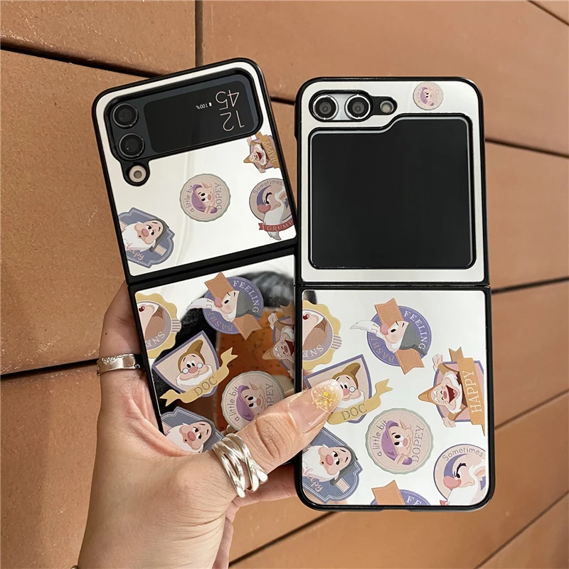 Anime Disney Mirror Surface Seven Dwarfs Donald Duck Mickey Korean Style For Samsung Galaxy Z Flip 3 4 5 6 Cover Phone Case Gift