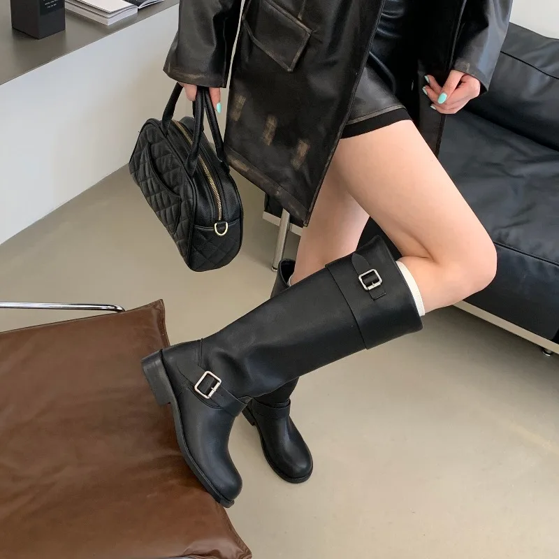Eilyken New Design Splicing Belt Buckle Knee-High Boots Women Retro Round Toe Square Low Heels Autumn Winter Shoes