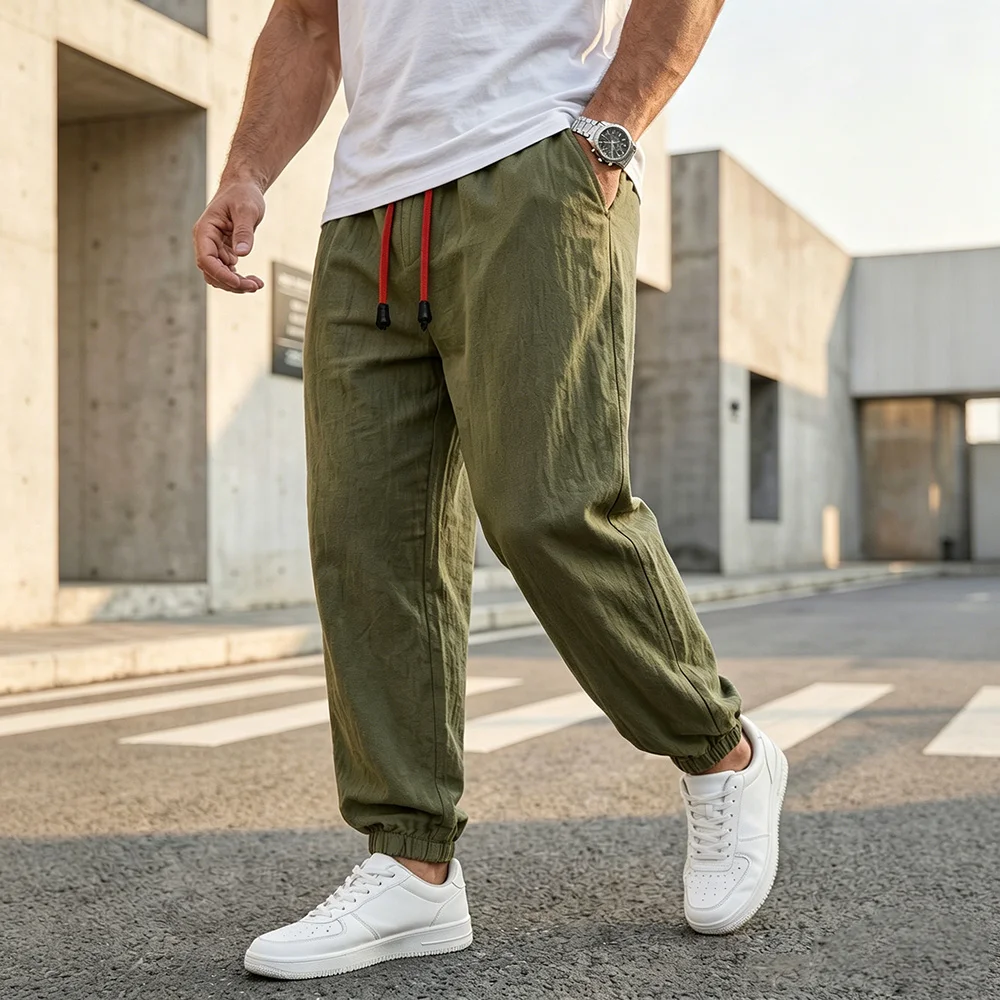 

Men's Cotton Linen Pants Casual Loose Fit Elastic Waist Loose Fit Fashion Hip Hop Streetwear Simple Style Male Daily Trousers
