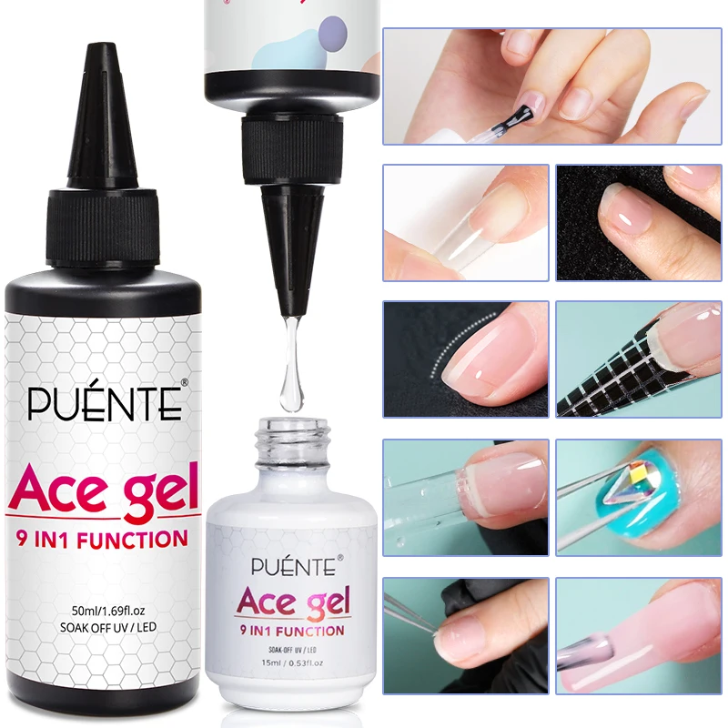 PUENTE 2개/세트 50ML 9-in-1 에이스 젤 슈퍼 샤이니 탑 코트 젤 네일 폴리쉬 셀프 레벨링 익스텐션 네일 젤 소크 오프 UV 바니쉬