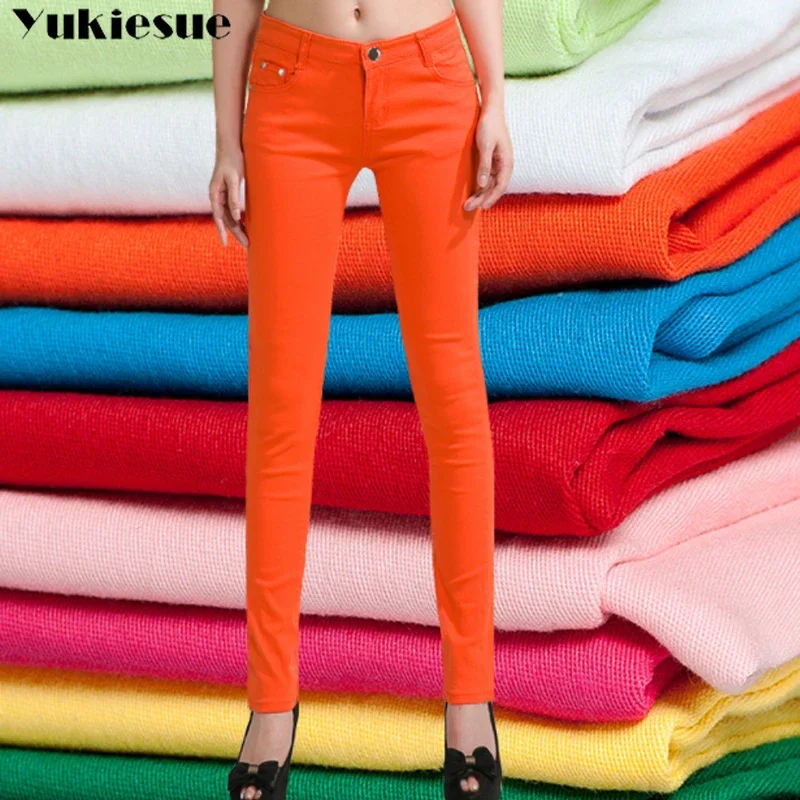 Spodnie damskie Candy Color Spodnie ołówkowe Wiosna Jesień Eleganckie spodnie biurowe ze średnim stanem dla kobiet Wąskie spodnie jeansowe skinny damskie