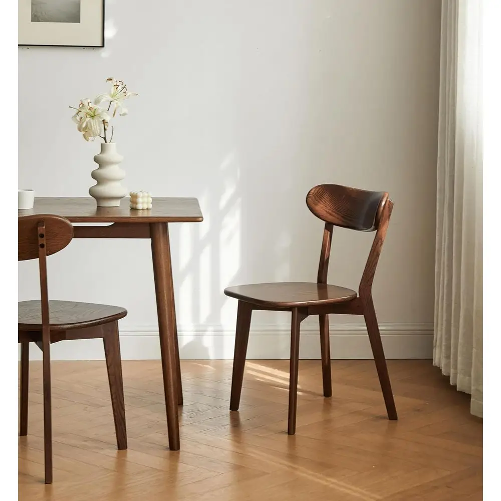 Solid Wood Curved Back Dining Chairs, Kitchen & Living Room Furniture, Walnut Finish (Set of 2)