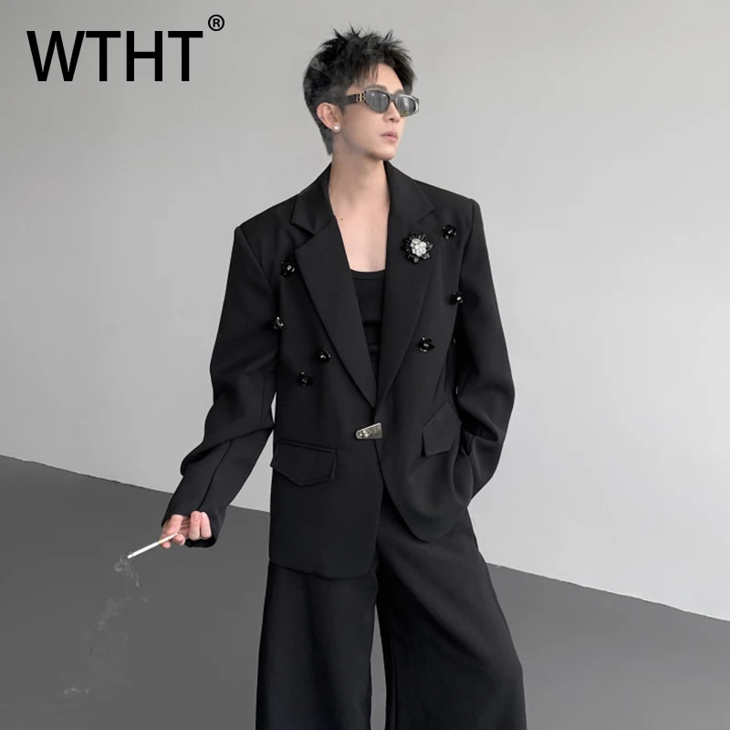 

WTHT Fashion Men's Spliced Metal Flower Solid Color Blazer Coats Trendy 2025 Autumn Single Deduction Lapel Jackets Male 2A1485