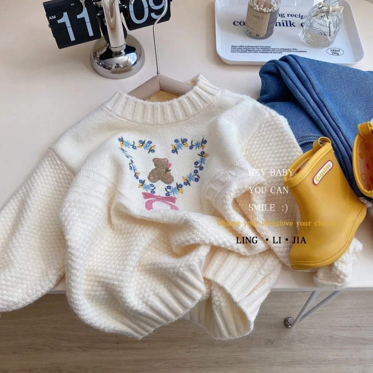 Girls' Sweater Jacquard Sweet Embroidery Spring and Autumn Children's Outerwear Hoodie Knitted Top Bottom Shirt