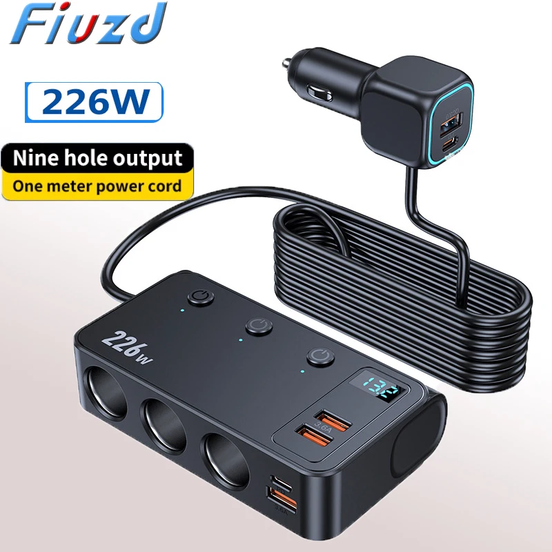 226W Car Cigarette Lighter Splitter Car Charger Adapter with QC3.0 PD30W 12V/24V Independent Switches Cigarette Outlet