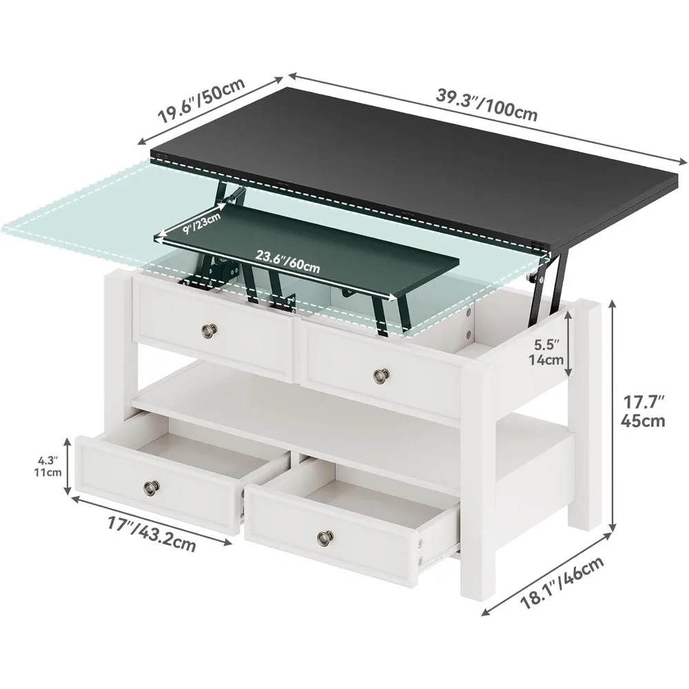 Coffee Table Lift Top, Multi-Function Convertible Coffee Table with Drawers and Hidden Compartment, Converts to Dining