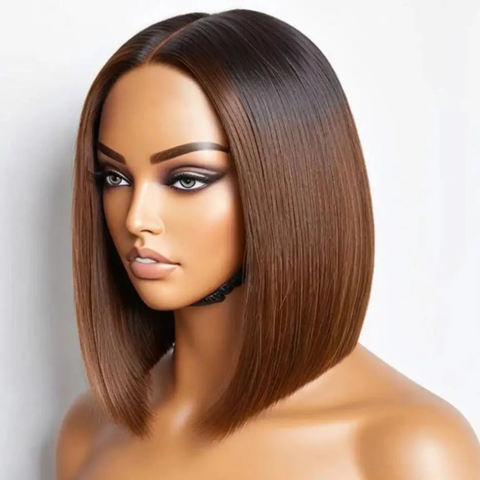 

Soft Glueless Ombre Brown Silky Straight Short Cut Bob Preplucked Baby Hair Lace Front Wig For Women 180density Natural Hairline