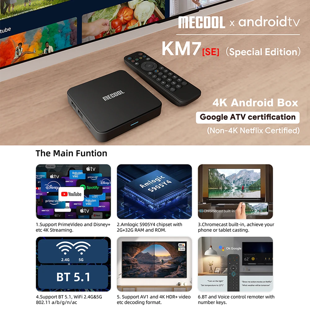 Mecool KM7 SE TV Box Android 11 ATV Google معتمد LPDDR4 2GB RAM 32GB 4K USB2.0 Dual Wifi BT5.1 يدعم AV1 Youtube 4K Set To