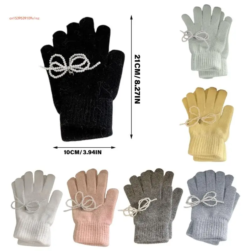 1pair Pearls Butterfly Knot Gloves Comfortable Warm Mittens Flexible Finger Gloves for Fashionable Cold Weather Wear