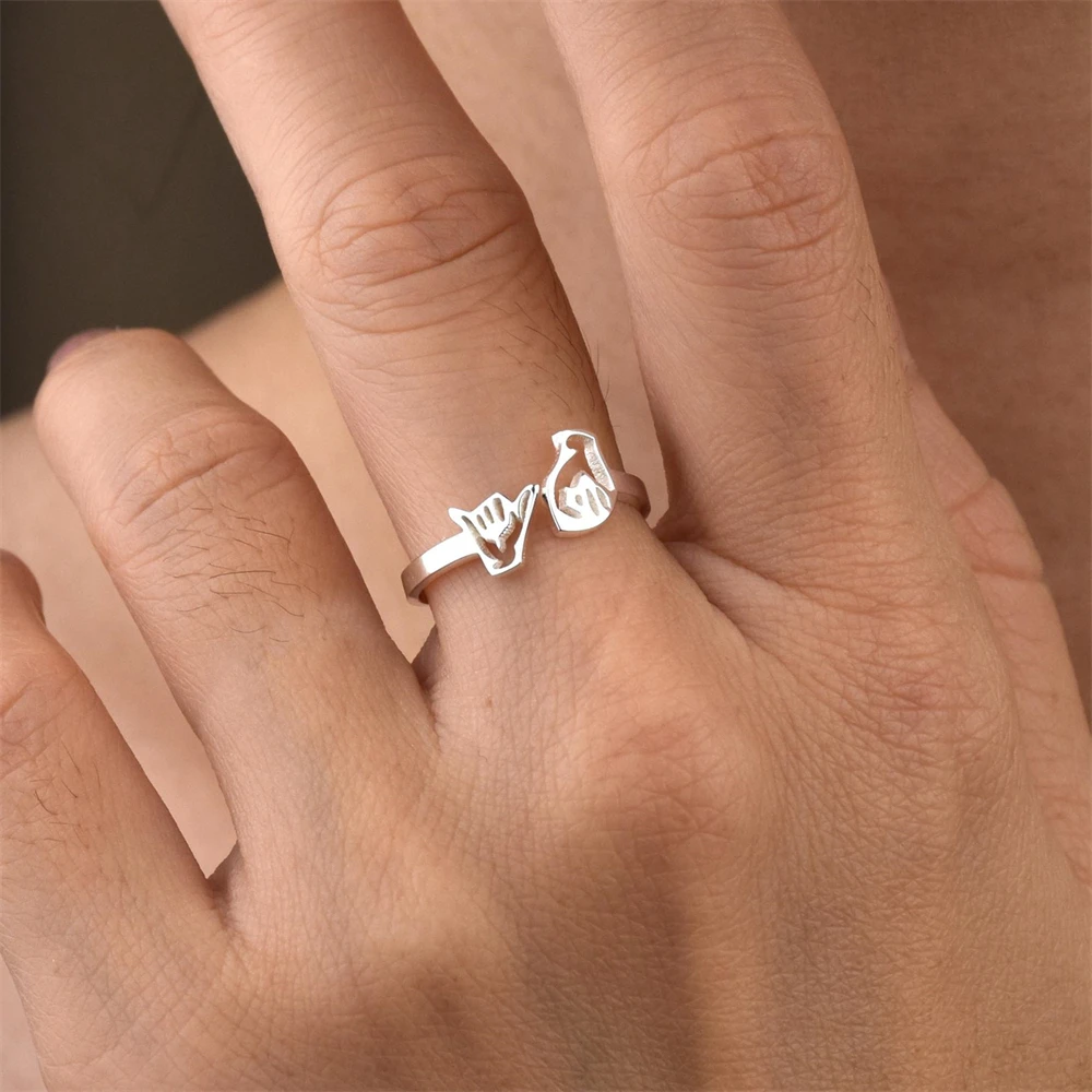 Sign Language Ring Personalized ASL Initials Letter Name Ring Custom Jewelry Gift for Women Men Adjustable Hand Gesture Anillo