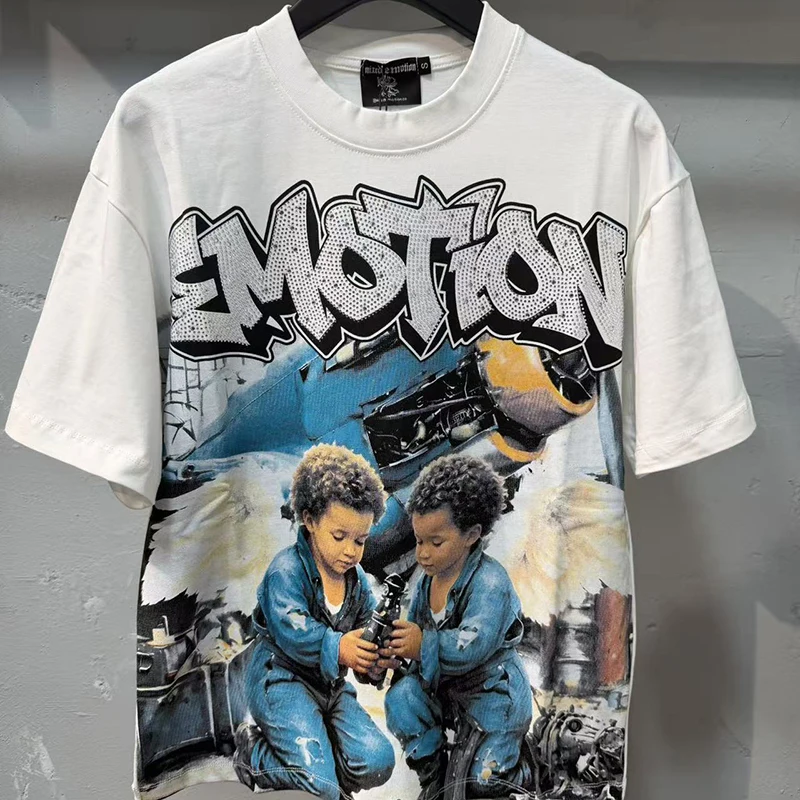 MIXED EMOTION Mens Casual Vintage Aircraft Angel Kids Print Rhinestone Letter Short Sleeve T Shirt
