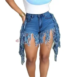 Fashion Tassel Splice Trouser Legs Denim Shorts Women High Waist Button Mini Jeans Female Casual Three Quarter Pants Streetwear