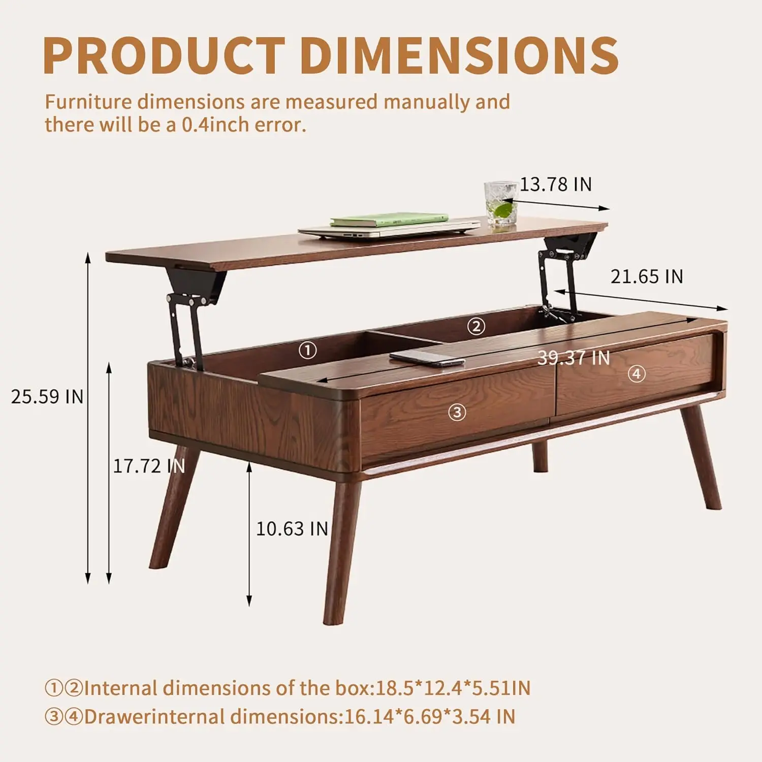 

Wood Lift Top Coffee Table, 100% Solid Oak Wood Small Rising Dining Center Tables with Storage Shelf and Hidden Compartment for