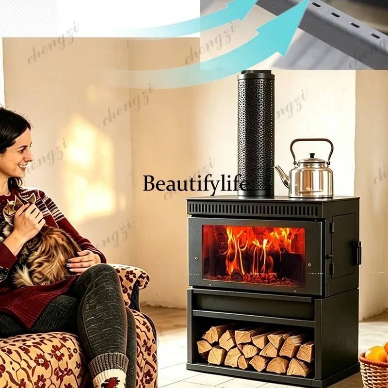 Thickened carbon steel wood-burning fireplace Household real fire heating furnace Glass double firewood mouth
