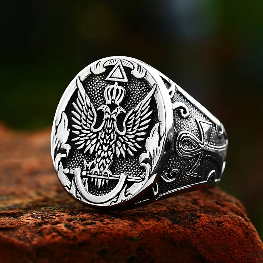 Image of Coole Vintage Edelstahl Doppel Adler Emblem Ringe Punk Hip Hop Mode Kreuz Ring Für Männer Biker Amulett Schmuck Dropshipping