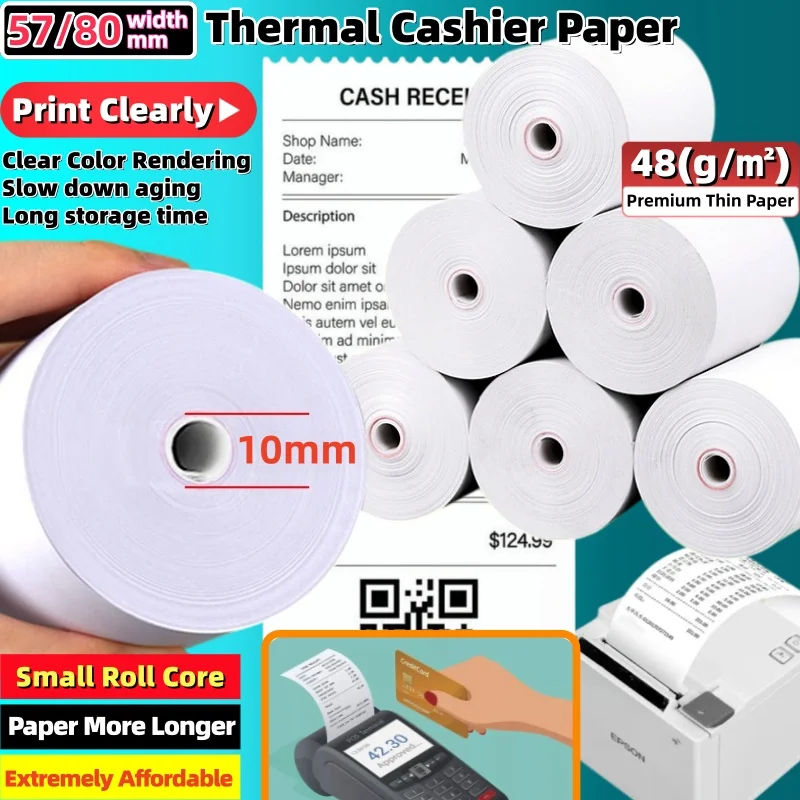 5Roll/Pack Width 57/80mm Thermal Cash Register Paper for Thermal Receipt Printer/POS Printer No Tube Core 48g Thin Cashier Paper
