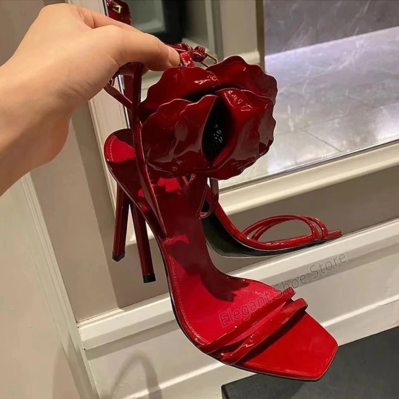 Red Rose High Heels Women\'s Sandals Square Toe Ankle Strap 9CM Stiletto Sexy Patent Leather Slingback Summer Party Banquet Shoes