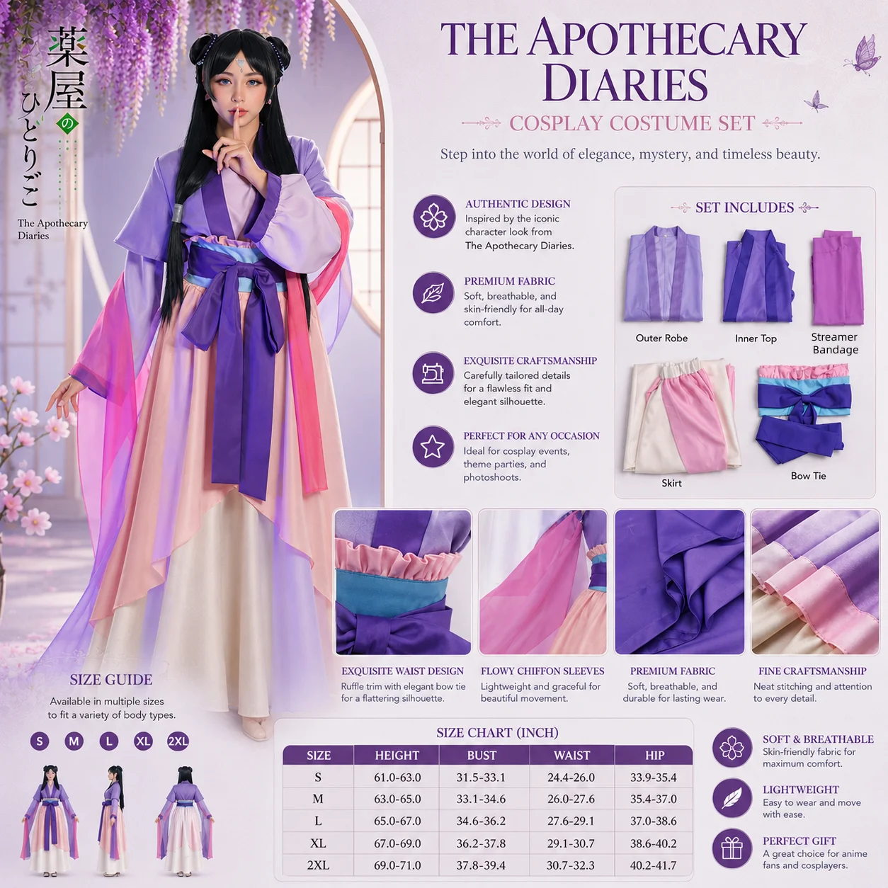 Maomao Cosplay-Kostüm für Damen, The Apothecary Diaries, Staffel 2, lila, rosa, Hanfu-Kleid, Halloween-Anime-Outfit für Erwachsene