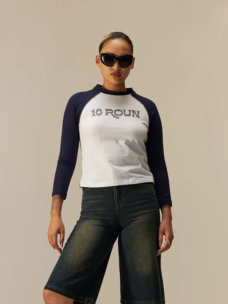 

f High Collar Long Sve T-irt Color Blo Early Autumn New Arrival Women's Commute Sle Cotton Blend T-irt