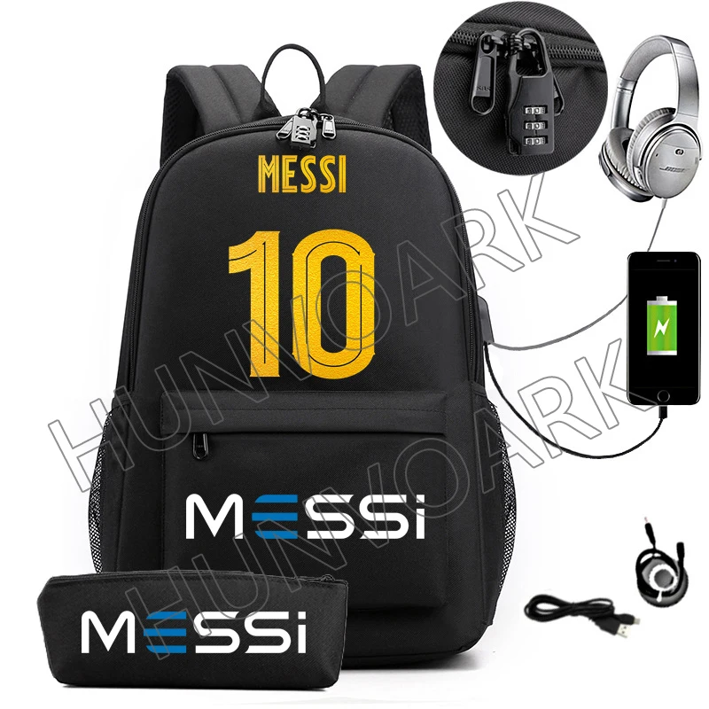 2pcs Messi Backpack An-ti lock USB Women Men Capacity Teens Laptop School Bags Casual senior high school Students Mochilas