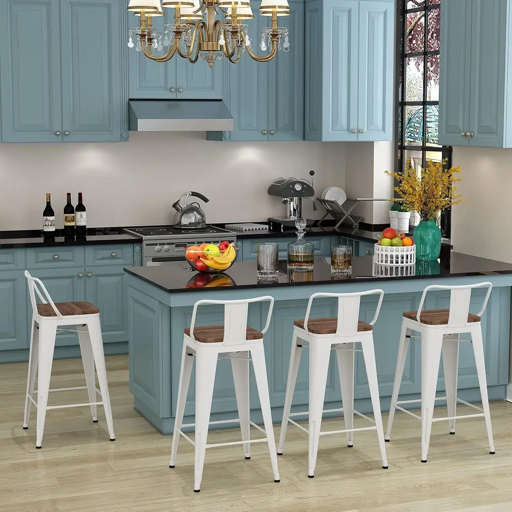 26 Inch Bar Stools Set o 4 Industrial Metal Barstools Counter Height Bar Stool with Backs or Home Kitchen (26 inch, White) view 6
