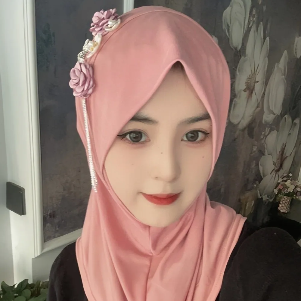 

Elastic Flower Tassel Hijab Cap Breathable Solid Color Pre-Tied Headscarf Soft Fabric Polyester Head Wrap Easy to Wear