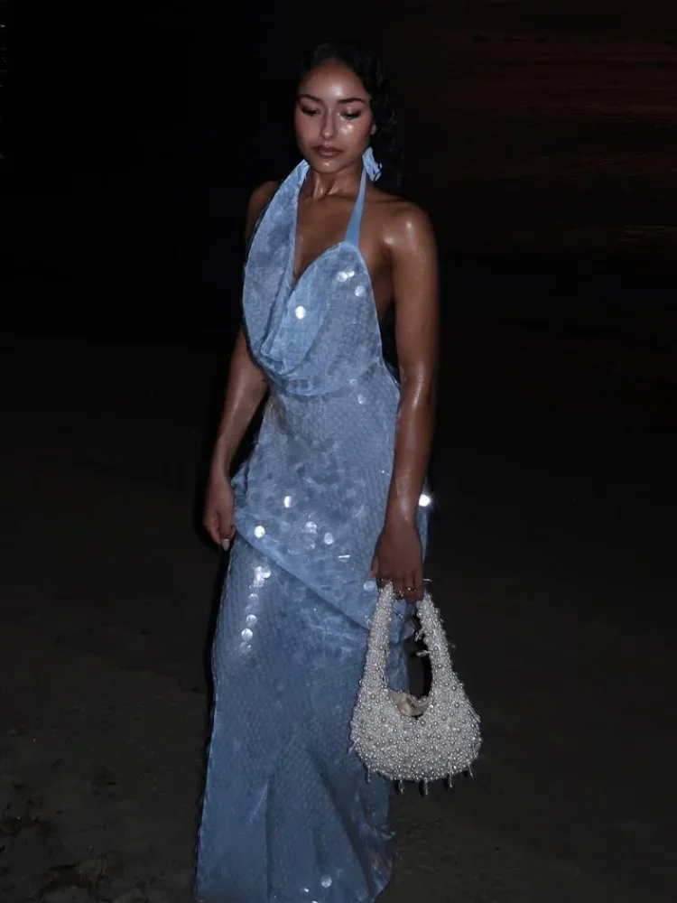 Big Sequin Fish Tail Dress Halter Sexy Glitter Backless Hanging Neck Beach  Long Dresses Lace Up Slim Fit Women Robes Summer New - AliExpress 200000345