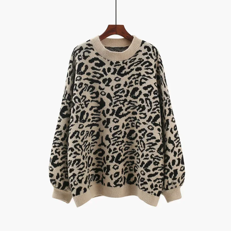 

New Fashion Women's Sweater Autumn and Winter Knitted Loose Leopard Round Neck Pullover Long Lantern Sleeve High Quality Sweater
