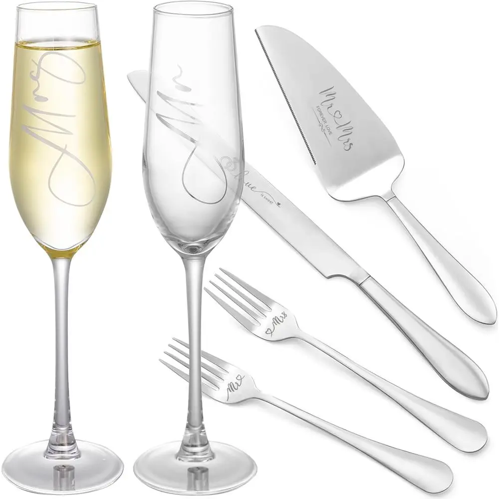 

Wedding Champagne Lutes and Cake Server Set, Bride and Groom, Mr and Mrs Wedding Gifts, Couple 2024, Engagement Bridal Shower Gi