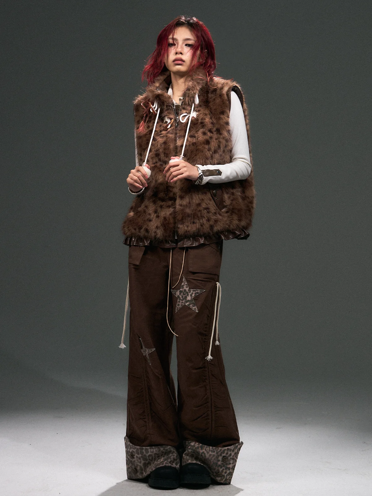 

Retro Light Leopard Print Trimmed Warmth Eco-friendly Fur Vest Outerwear Women's Original Design School Girl Student Polyeste...