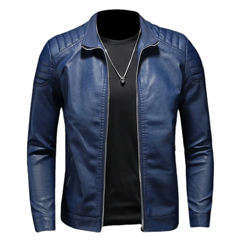 Men standing collar Jacke, leather motorcycle jacket men,bomber leather coat，fashion trend personalized leather winter clothing