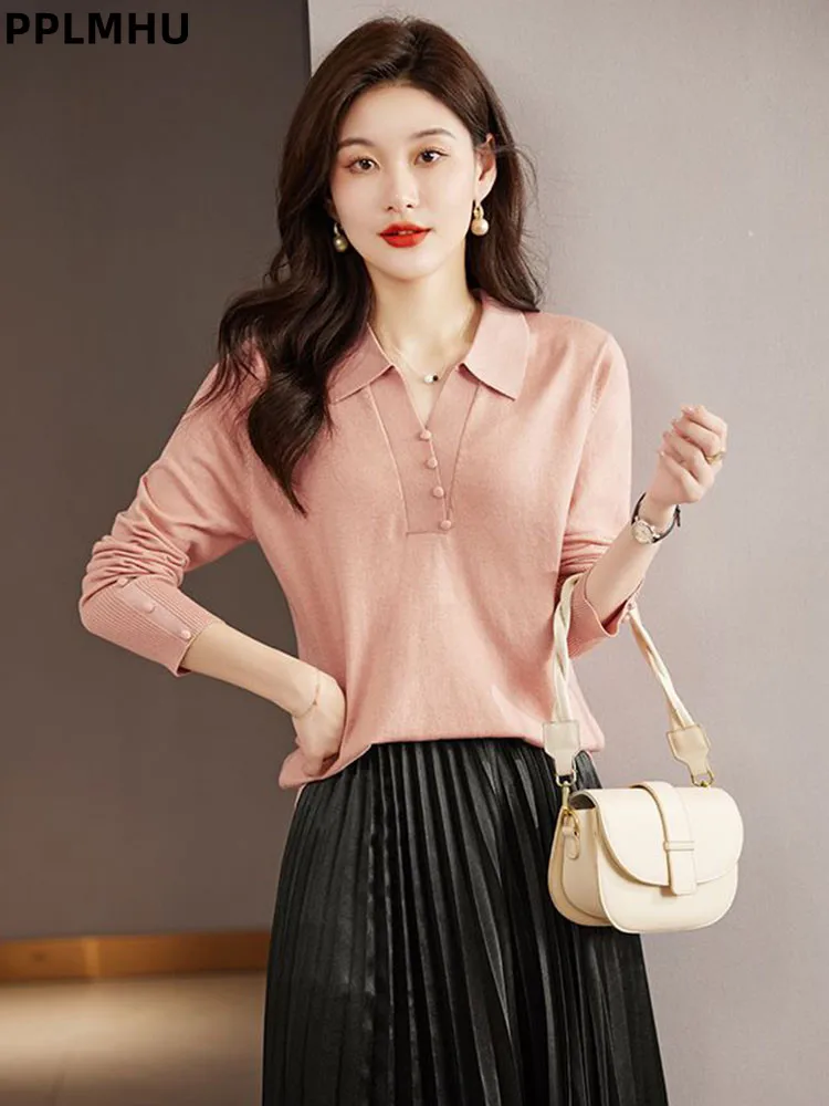 

Polo Turn-down Collar Top Knitted Sweater Women's Casual Baggy Knitwear Pullovers Soft Korean Fashion Loose Button Jumpers