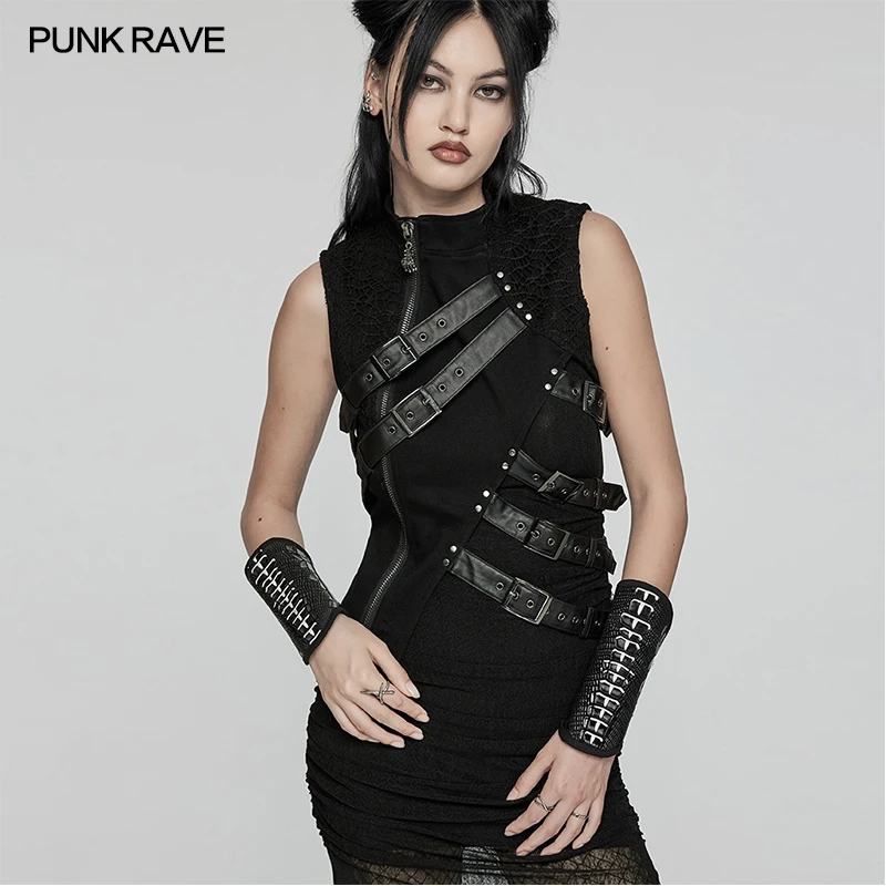 PUNK RAVE Women's Gothic Glossy Patent Leather & Knitted Gloves Personalized Skeleton Shape Design Coolness Novelty Accessories