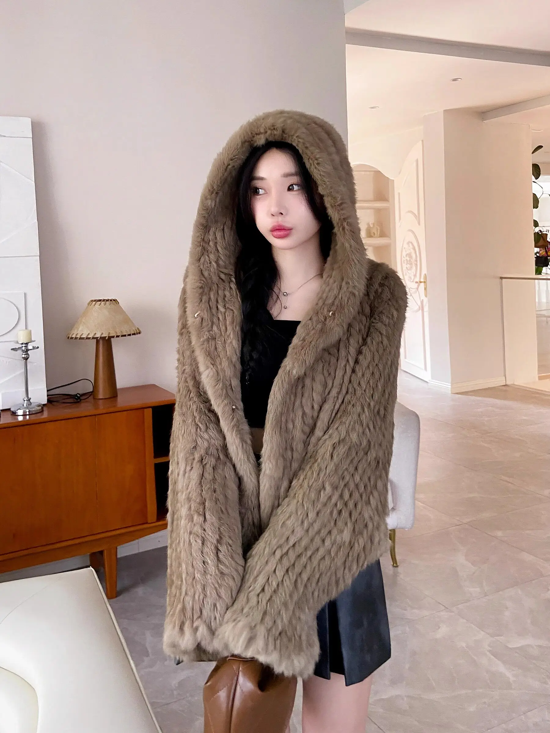 Real Rabbit Fur Coat for Women Encrypted Thickened Handmade Double-sided Woven Hooded Korean Style Autumn and Winter