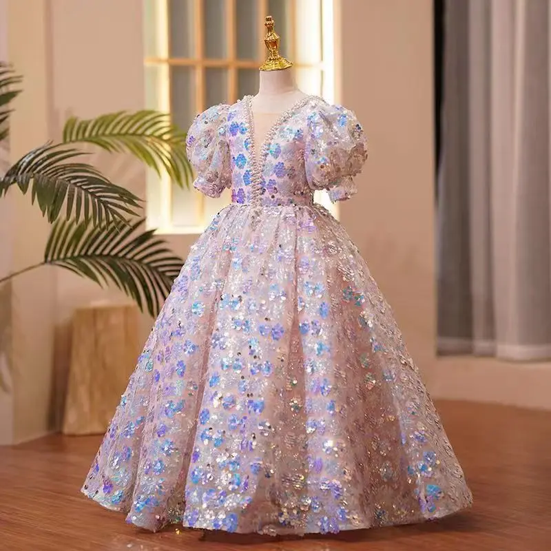 

2025 spring children's birthday host dress flower child catwalk little girl princess dress Girl's dress Heavy