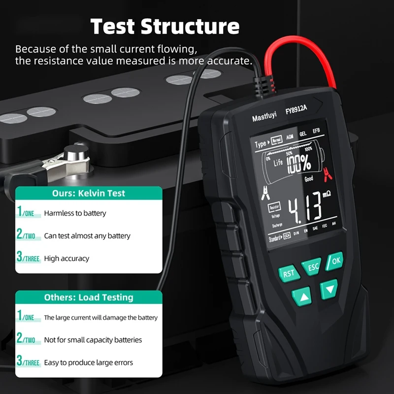 Car Battery Tester 12V/24V Battery System Analyzer 50-2000CCA Battery Health Display Comprehensive Diagnostic Test Tool