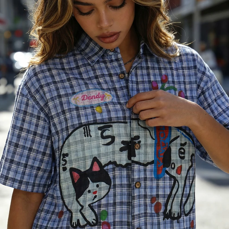 

Streetwear Blue Plaid Shirt 100% Cotton Short Sleeve Graphic Doodle Cat Vintage Casual Button Down Unisex Summer Top Size M-XL
