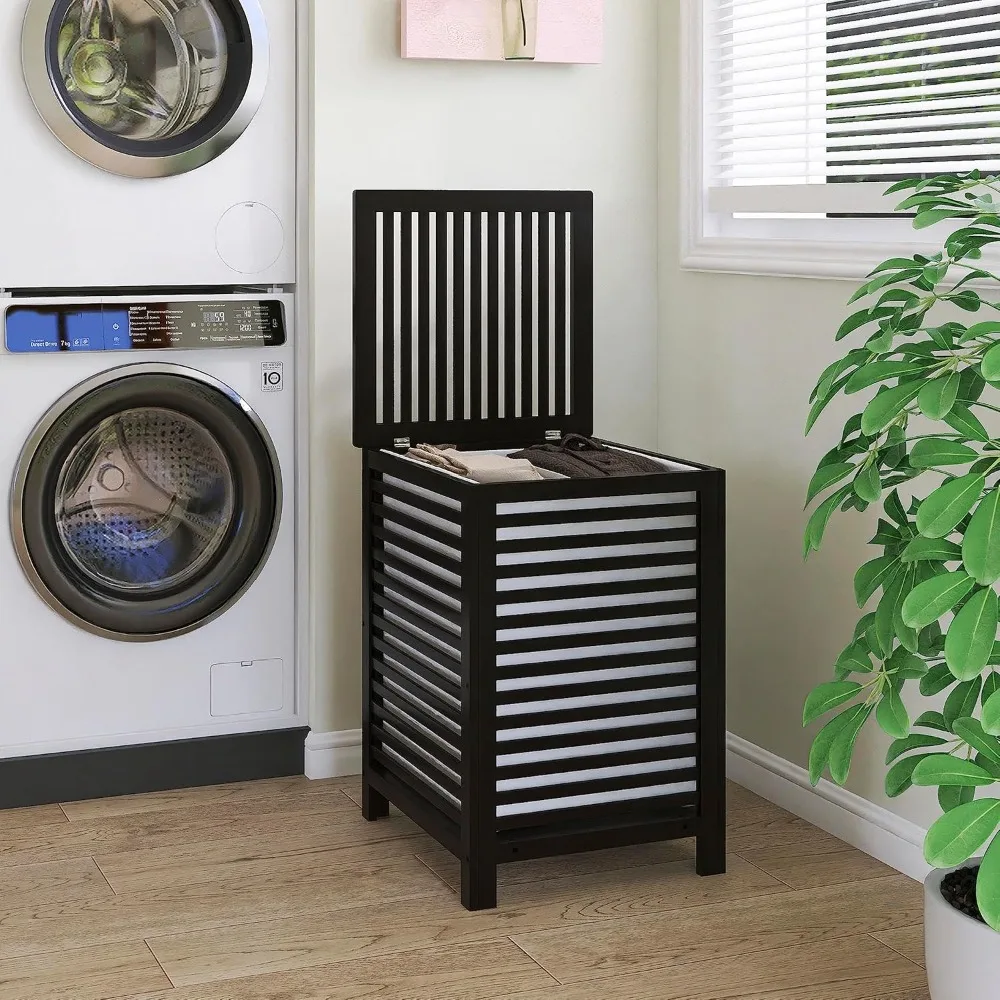 Double Laundry Hamper w/Lid, 120L Bamboo Laundry Basket w/Removable Liner Bag for Bathroom, 2-Section Clothes Divider Laundry