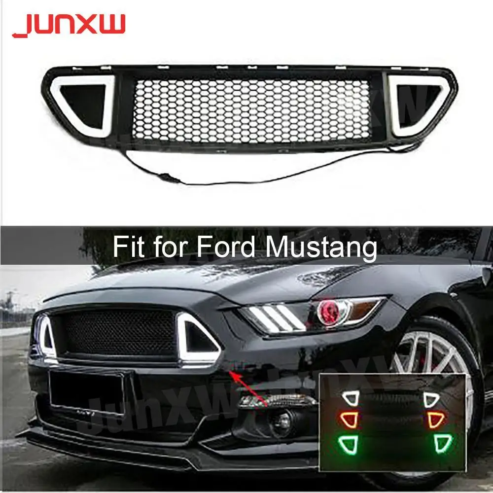 

Car Racing Front Bumper Mesh Grille Modify White Red Green LED Light Lamp Grills for Ford Mustang 2015 2016 2017 Car Styling