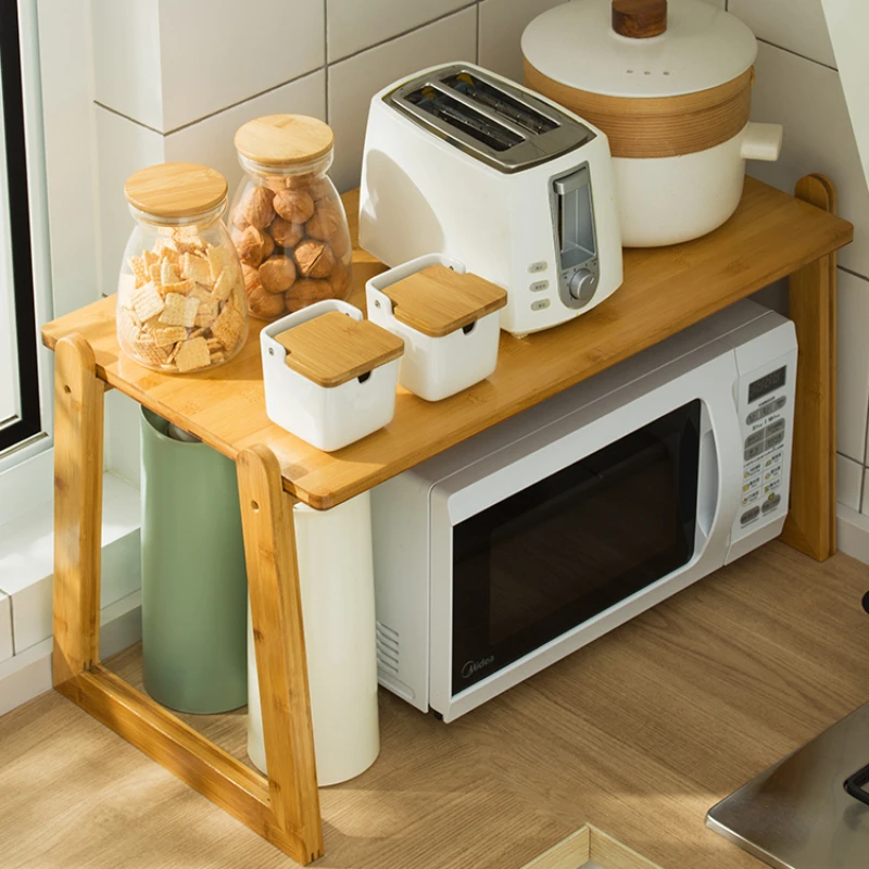 Bamboo Microwave Rack Trapezoid Structure with Spice Holder Sturdy Countertop Dish Rack for Efficient Kitchen Storage