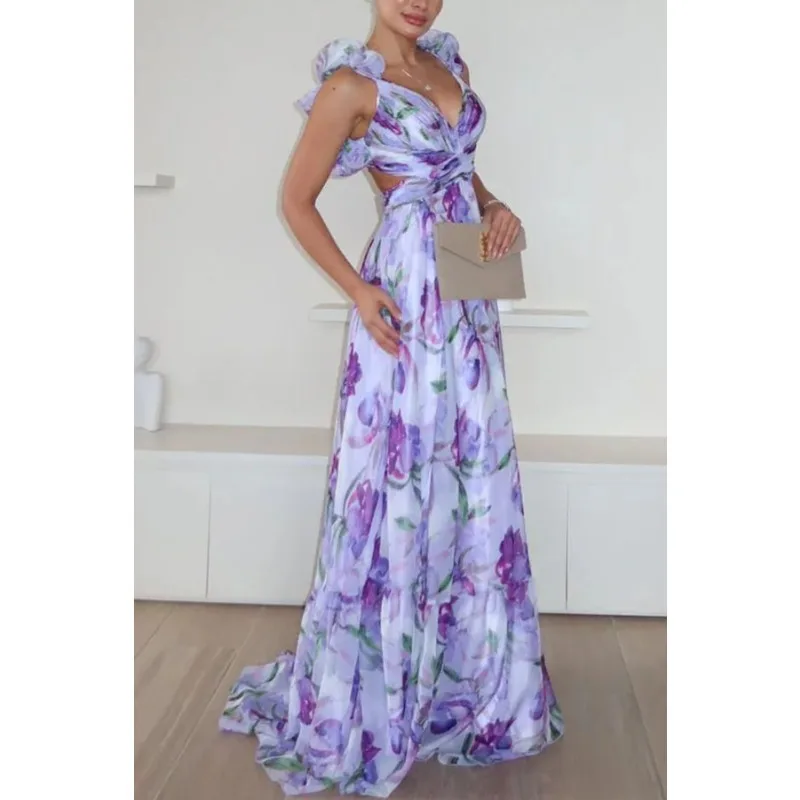 مثير العميق الخامس الرقبة عارية الذراعين فستان الحفلات عطلة المرأة الصيف بلا أكمام أنيقة جلد يصل فستان كشكش السيدات فساتين ماكسي غير رسمية #4