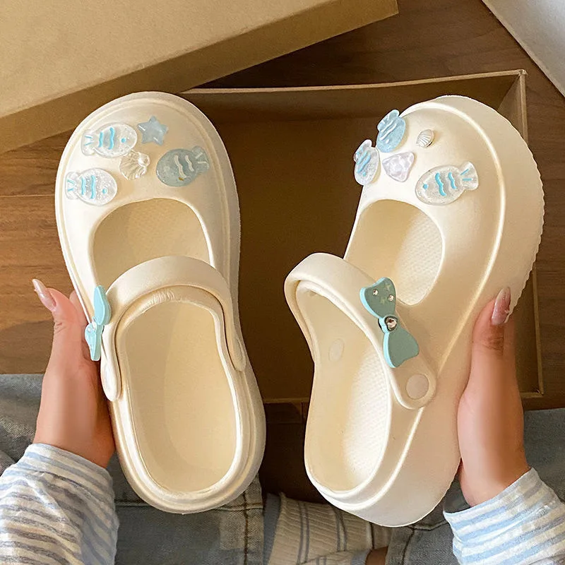 Mary Jane Shoes Sandals Women Hole Shoes Women Outer Wear One-word Drag Beach Shoes Home Cool Slippers Women Shoes Bag Head Drag
