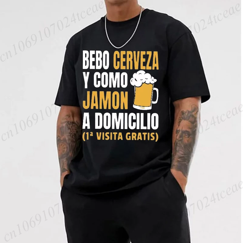 Bebo cerveza y comer Jamon hombres Camiseta ropa Humor español dicho divertido regalo hombres mujeres camisetas Tops Camiseta Cerveza Hombre