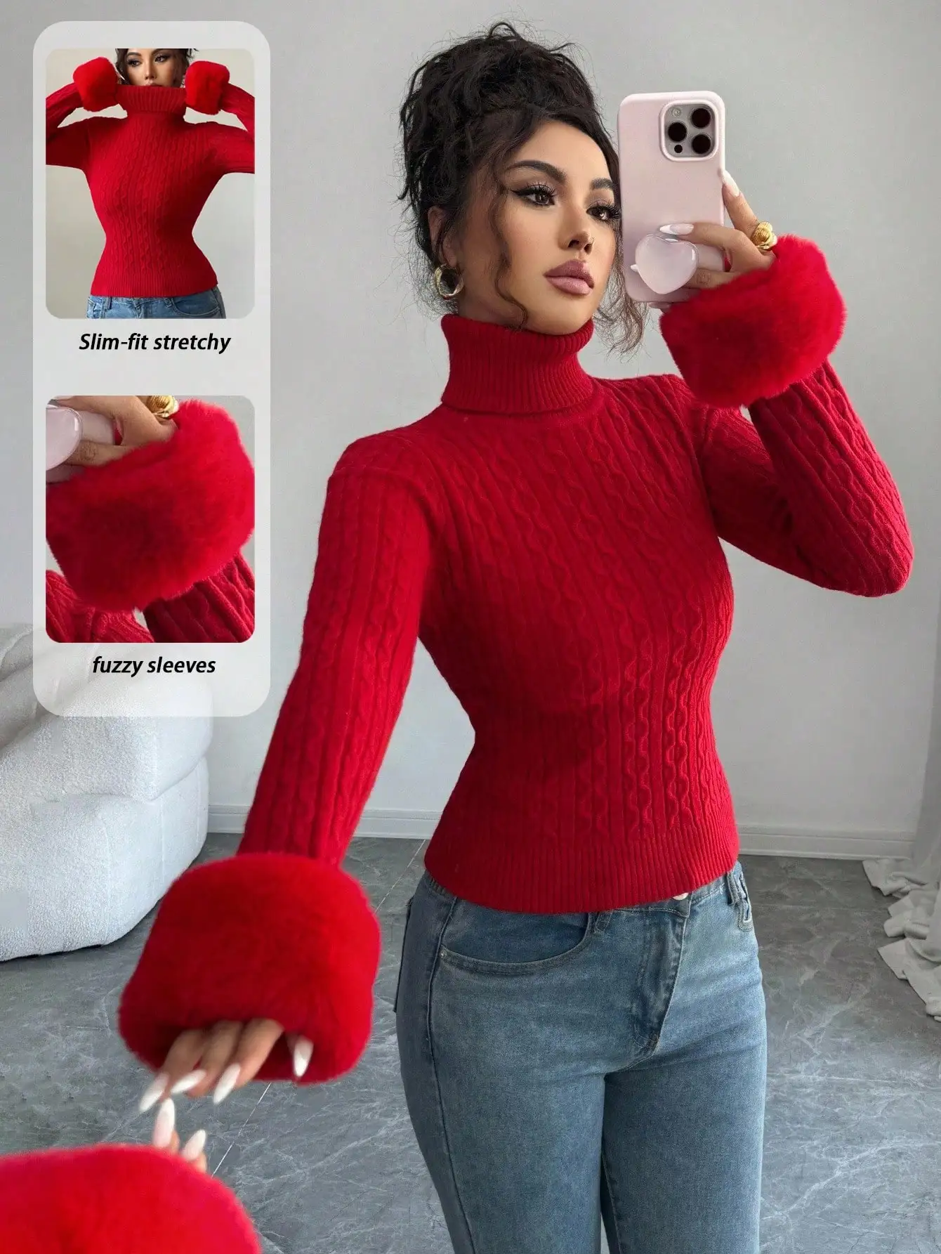 

Red Slim Fit Turtleneck Knit Sweater with Fuzzy Cuffs, Long Sleeve, Autumn Winter Commute Wear