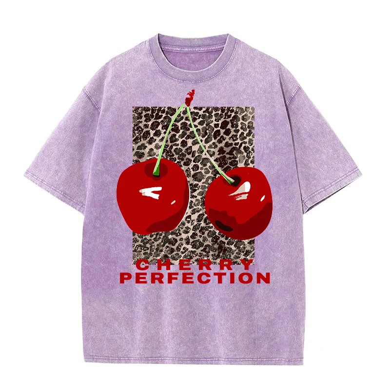 

100% Cotton Vintage T-Shirt Women's Retro Short Sleeve Batik Personalized Cherry Print T-Shirt Men's Solid Hip Hop Loose T-Shirt