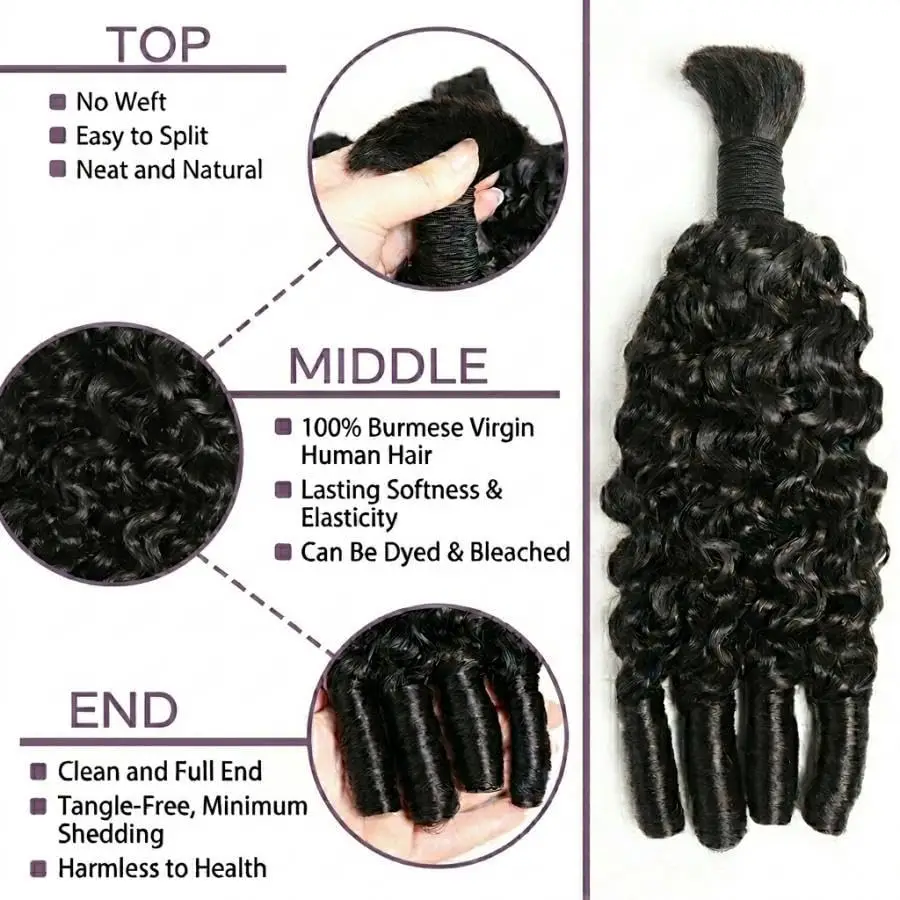 Human Braiding Hair For Boho Braids Burmese Curly Bundles Human Hair For Bohemian Knotless Braids For Black Women Natural Black - Image 2