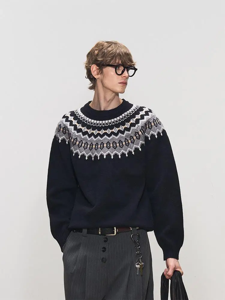 

Мужской вязаный свитер в стиле Fair Isle с круглым вырезом, этническим узором и бахромой, свободного кроя, для повседневной носки, полиэстер